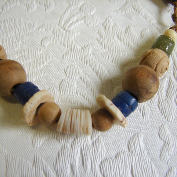 Vtg 70's Artisan 17" NECKLACE, Wood, Glass, Shell, Camel Bone, Boho Hippie B03 - Picture 6 of 8